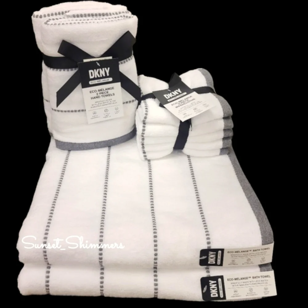 8pc DKNY White Dark Gray Dot Pin Stripe Bath / Hand / Washcloth Towel Set New